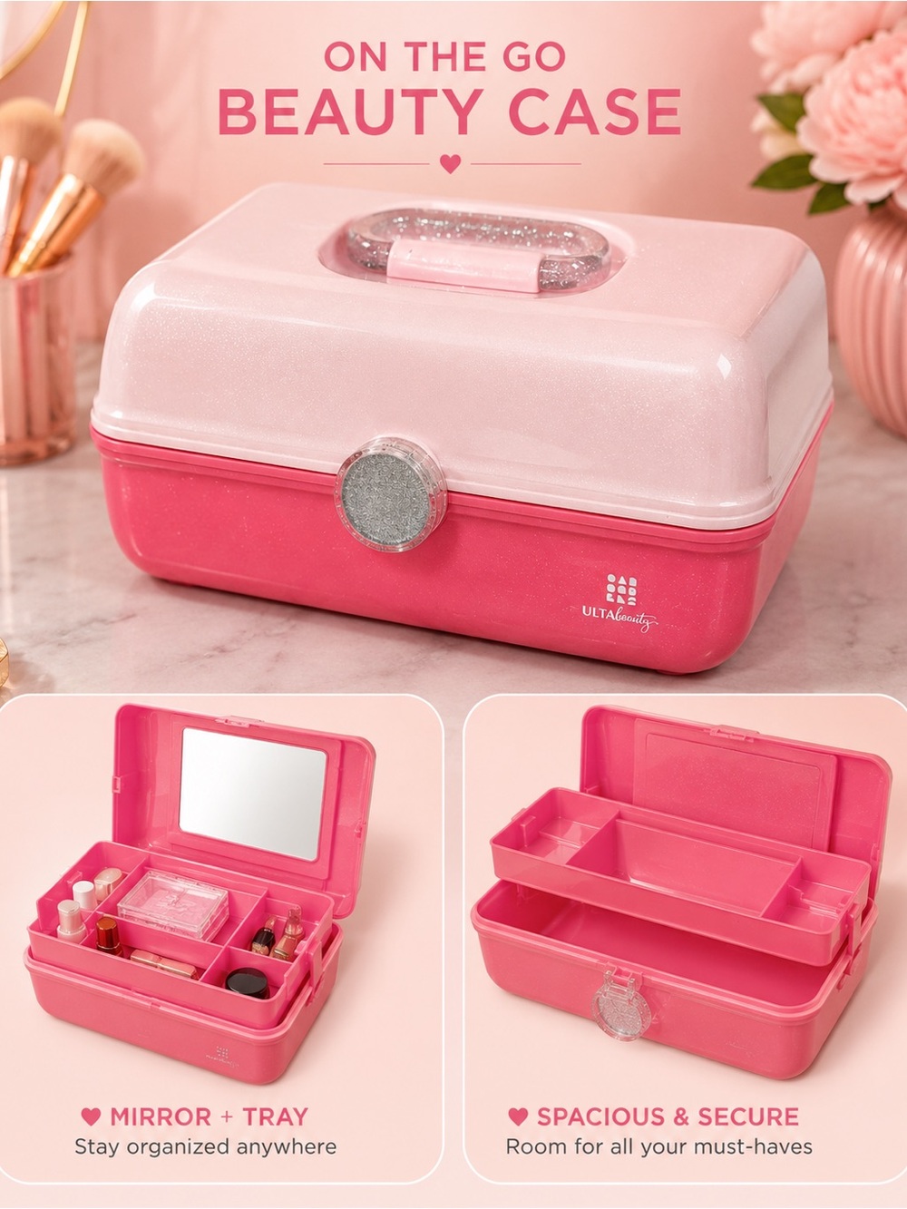 ULTA 3 tier Beauty Pink On-The-Go Beauty Case